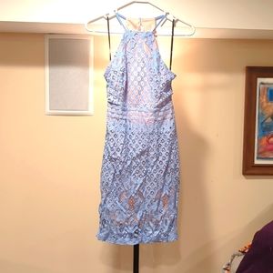 Lace over tan lining blue dress